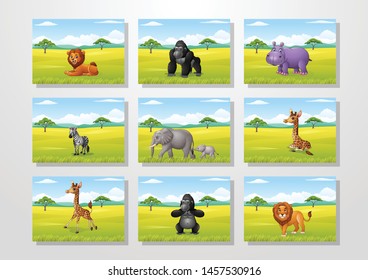 Cartoon animal with African landscape background collections