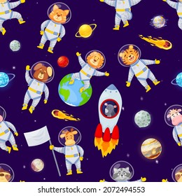 Cartoon animal astronauts flying in space with planets seamless pattern. Cute astronaut animals, sloth, lion, fox, childish vector texture. Characters traveling in rocket among falling comets