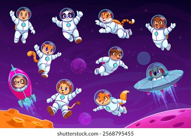 Cartoon animal astronauts in outer space. Vector set of cute floating monkey, cat, panda and sloth, lion, fox, dog and bear with tiger or koala characters dressed as cosmonauts travel in far galaxy