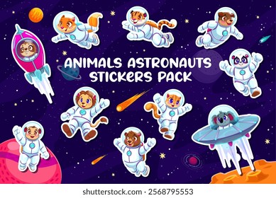 Cartoon animal astronauts stickers pack of funny spaceman in galaxy space, vector personages. Cartoon zoo animals in spacesuits, koala in alien UFO or monkey on galaxy planet with sloth in rocket