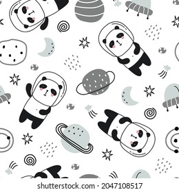 Cartoon animal background for kids Seamless pattern with pandas floating in space and stars. Hand drawn design in children's style, used for fabrics, textiles, wallpaper printing, decoration.