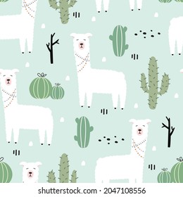 Cartoon animal background for kids Seamless pattern with llama and cactus. Hand drawn design in children's style, used for fabrics, textiles, wallpaper printing, decoration.