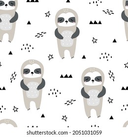 Cartoon animal background for kids seamless pattern with sloths Kids styles hand drawn design, used for fabrics, textiles, decorative wallpaper prints. vector illustration