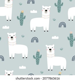 cartoon animal background for kids seamless pattern baby with llama and cactus  Children's style hand drawn design. Used for fabric, textile, wallpaper printing, decoration.