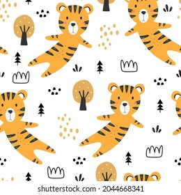 Cartoon animal background for kids tiger seamless pattern Hand drawn design in children's style. Use for prints, wallpapers, decorations, textiles, vector illustrations.