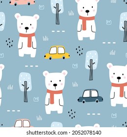 Cartoon animal background for kids white bear with cars and trees hand drawn seamless vector pattern in children's style Used for printing, wallpaper, decoration, fabric, textile.