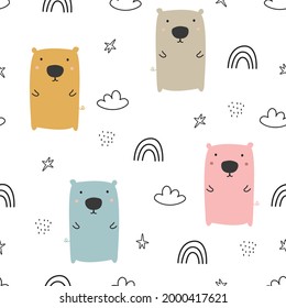 Cartoon animal background seamless pattern with a bear against the sky Hand-drawn design in children's card style. use for print,wallpaper,cloth,fashion,textile Vector Illustration