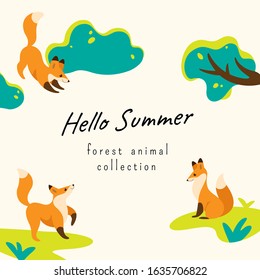 Cartoon animal banner with fox. Vector illustration in colorful style.
