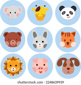 Cartoon animal, bird round stickers, avatars. Flat style vector illustrations clipart collection of cute animals characters