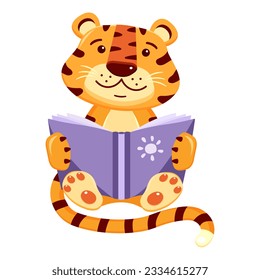 Un animal de caricatura con un libro. Leyendo lindo cachorro de tigre. Ilustración vectorial infantil sobre el tema del aprendizaje.