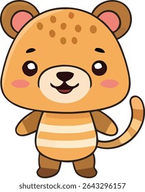 A cartoon animal with brown spots on its head, striped body, and a tail. It has rosy cheeks and a happy expression.