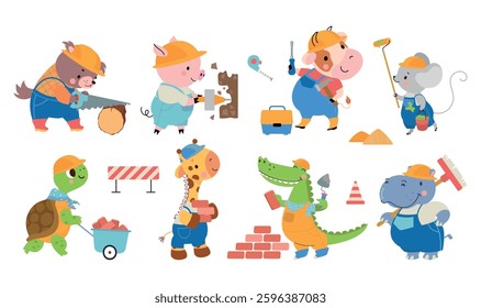 Cartoon animal builders. Cute animals working in construction and wear helmets. Repair and building tools, childish positive characters nowaday vector clipart