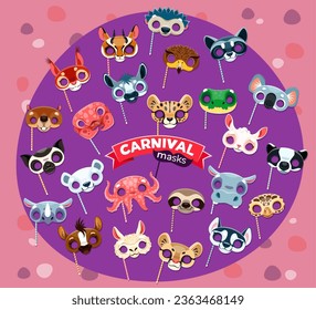 Cartoon animal carnival party masks or birthday holiday celebration costumes. Vector beaver, hedgehog, rhino and horse. Lamb, hippo, octopus or koala with sloth. Cheetah, gazelle, crocodile and eagle