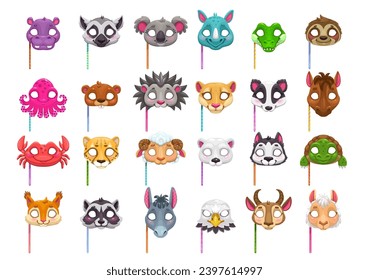 Cartoon animal carnival party masks. Festival holiday or birthday celebration costume. Isolated vector set hippo, zebra, koala and rhino. Crocodile, sloth, octopus and beaver, hedgehog or badger