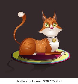 Cartoon animal character Ginger Tabby Cat is laying down on the carpet. Kitten with orange,cute funny pet.EPS10