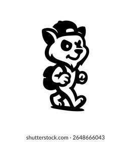 Cartoon animal character, possibly a cat or panda, wearing a cap and carrying a backpack, walking