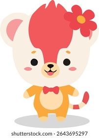 Cartoon animal character with a red flower on its head and a red bowtie, featuring a striped tail and a cheerful expression.