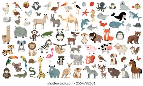 Cartoon animal characters. Big set of wild animals. Water inhabitants, african, domestic animals. Savanna. Birds