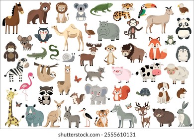 Cartoon animal characters. Big set of wild animals.  African, tropical, domestic animals. Savanna. Birds