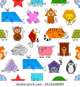 Cartoon animal characters in math shape seamless pattern, animal geometry vector background. Square elephant, triangle hedgehog and oval rabbit with arrow dog, kids funny zoo animals in math figures