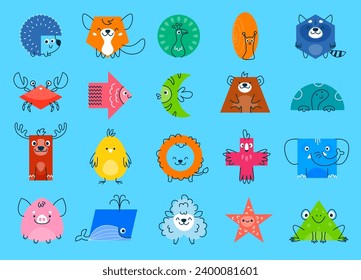 Caricaturas de animales con formas matemáticas. Hedgehog, zorro, pavo real, caracol, mapache y cangrejo, pez, oso, tortuga rectangular, círculo, triángulo y cubo, elipse, pentágono formas vectoriales personajes graciosos