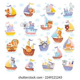 Cartoon Animal Characters in Sailor Hats Boating and Sailing Big Vector Set