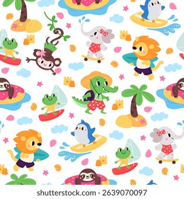 Cartoon animal characters seamless pattern. Summer beach print. Lion with surfboard. Monkey and crocodile sunbathing. Elephant on skateboard. Frog resting at resort