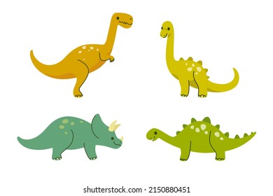 Cartoon animal characters. Set of dinosaurs - ceratops, parasaurolophus, brachiosaurus.