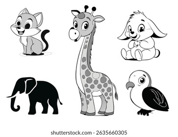 Cartoon Animal Collection: An adorable collection of cartoon animals, including a fox, giraffe, rabbit, elephant,