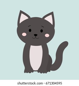 Cartoon animal, cute cat. Grey kitten on blue backgrounds. Flat design. Vector Illustration.