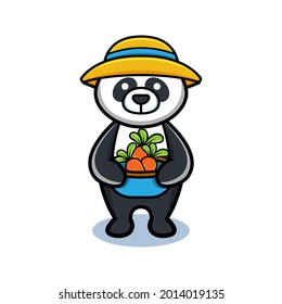 cartoon animal cute farmer panda holding a basket carrot