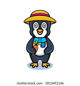 cartoon animal cute farmer penguin holding a carrot