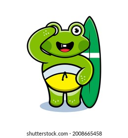 cartoon animal cute frog holding a surfboard
