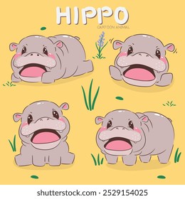 Cartoon animal bonito Hippo elementos conjunto e grama verde e flor violeta no fundo amarelo