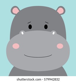 Cartoon animal, cute hippo on blue backgrounds. Flat design.Vector Illustration.