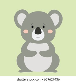 Cartoon animal, cute koala bear on green backgrounds. Flat design.Vector Illustration.