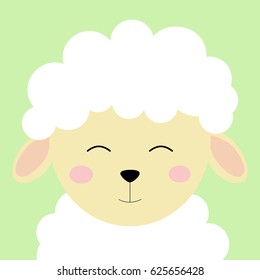 Cartoon animal, cute lamb on green backgrounds. Flat design. Vector Illustration.