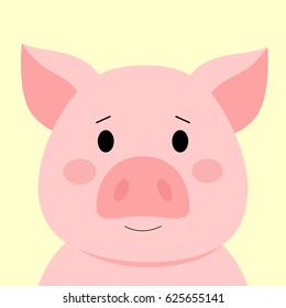 Cartoon animal, cute mini pig on yellow backgrounds. Flat design. Vector Illustration.