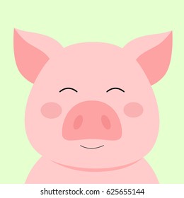 Cartoon animal, cute mini pig on green backgrounds. Flat design. Vector Illustration.