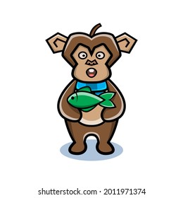 cartoon animal cute monkey holding a fish