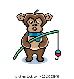 cartoon animal cute monkey holding a fishing rod