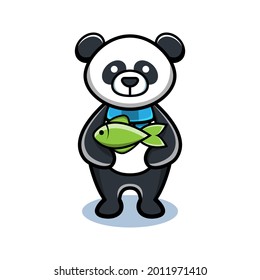 cartoon animal cute panda holding a fish