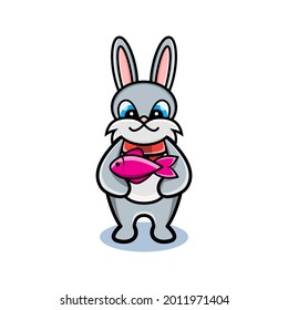 cartoon animal cute rabbit holding a fish