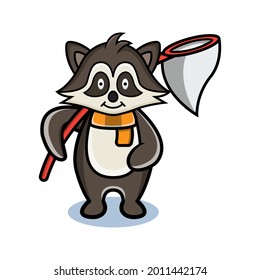 cartoon animal cute raccoon holding a fishing road