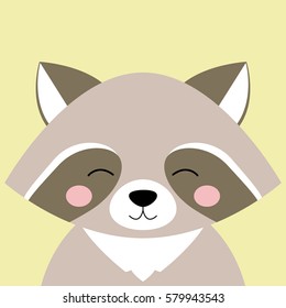 Cartoon animal, cute raccoon on yellow backgrounds. Flat design.Vector Illustration.