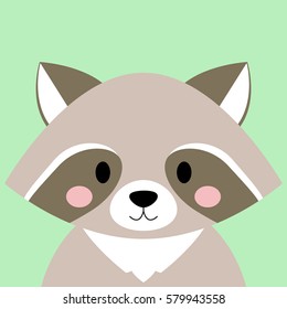 Cartoon animal, cute raccoon on green backgrounds. Flat design.Vector Illustration.