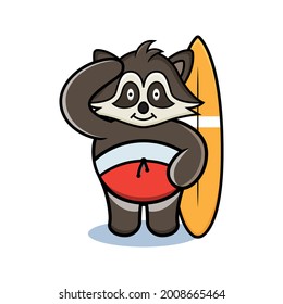 cartoon animal cute racoon holding a surfboard