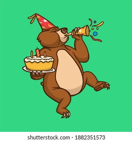 cartoon animal design bear celebrating birthday cute mascot logo