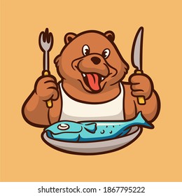 cartoon animal design bear getting ready to eat fish cute mascot logo