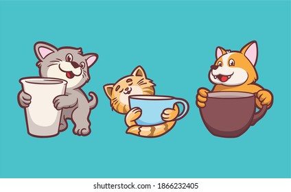 cartoon animal design cats and dogs holding drinking cups cute mascot illustration